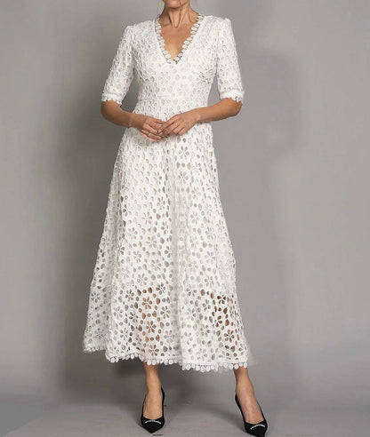 Damen Maxikleid mit Floralmuster Cut-Outs Spitzenkragen