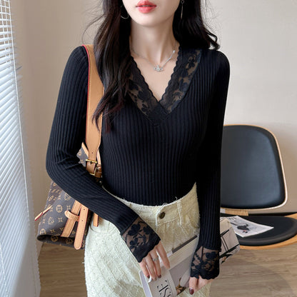 Damen Langärmliges Oberteil Spitzendetails Weiße Bluse Eveloria