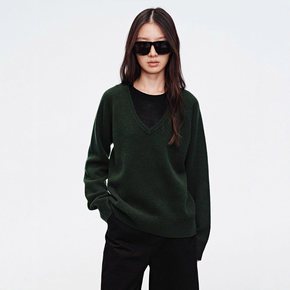 Damen Pullover V-Ausschnitt Kuschelig Grün Eveloria