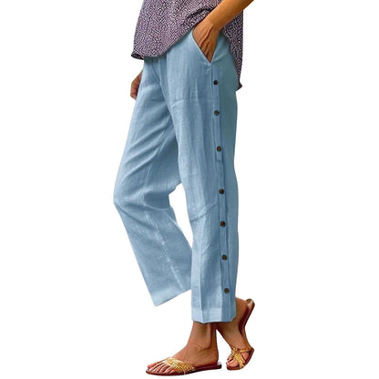 Damen Leinenhose Bequem Knöpfe Anthrazit