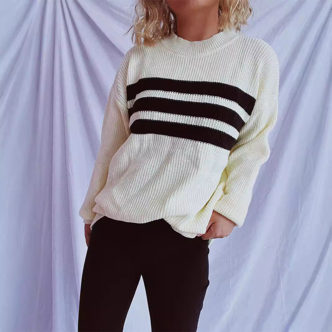 Damen Strickpullover Oversized Horizontalstreifen Beige