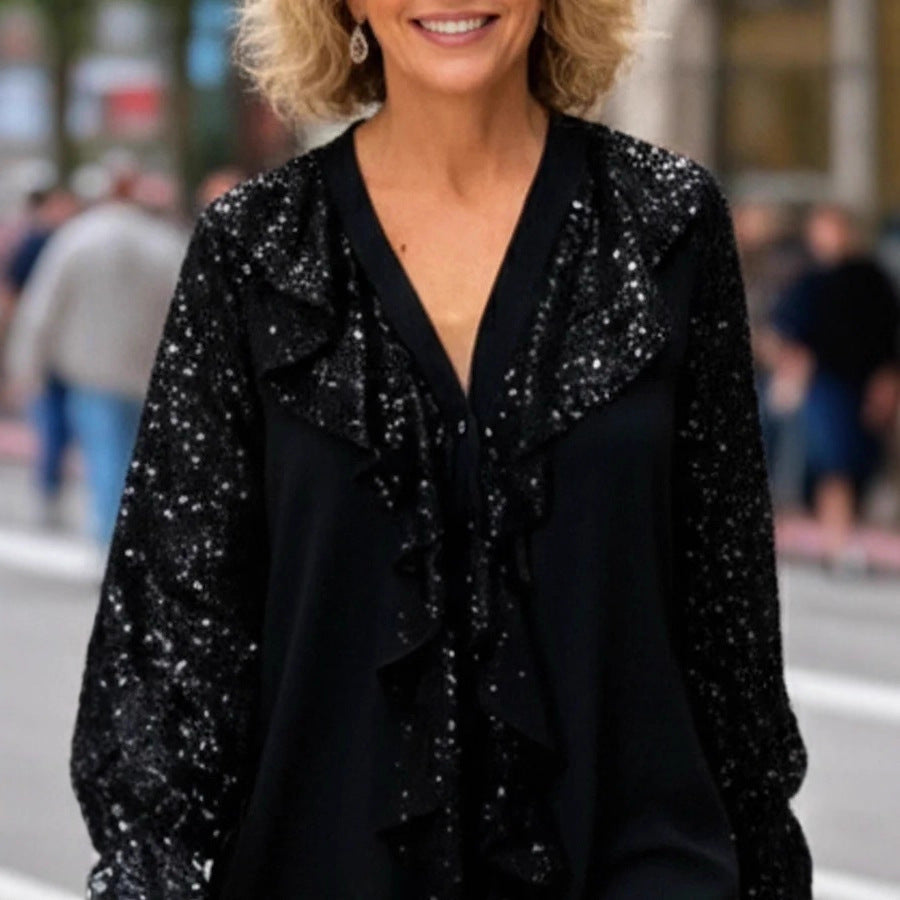 Damen Bluse mit Rüschendetails und Glitzerakzenten Eveloria - Eveloria