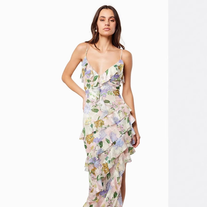 Damen Maxikleid Rüschen Floralmuster Tiefbeinschlitz