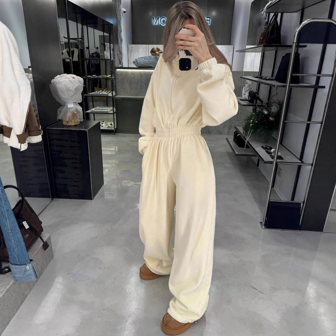 Damen Fleece-Jumpsuit Hochkragen Reißverschluss Eveloria