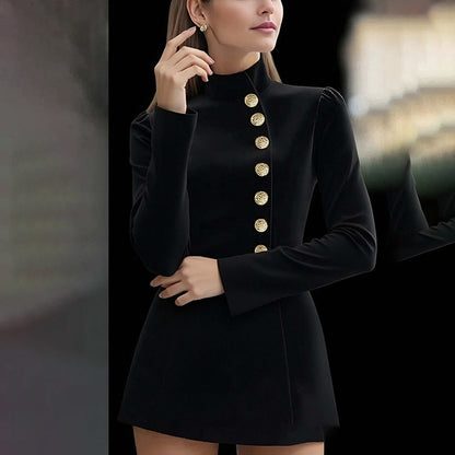 Damen Minikleid Stehkragen Dekorative Knöpfe Eveloria