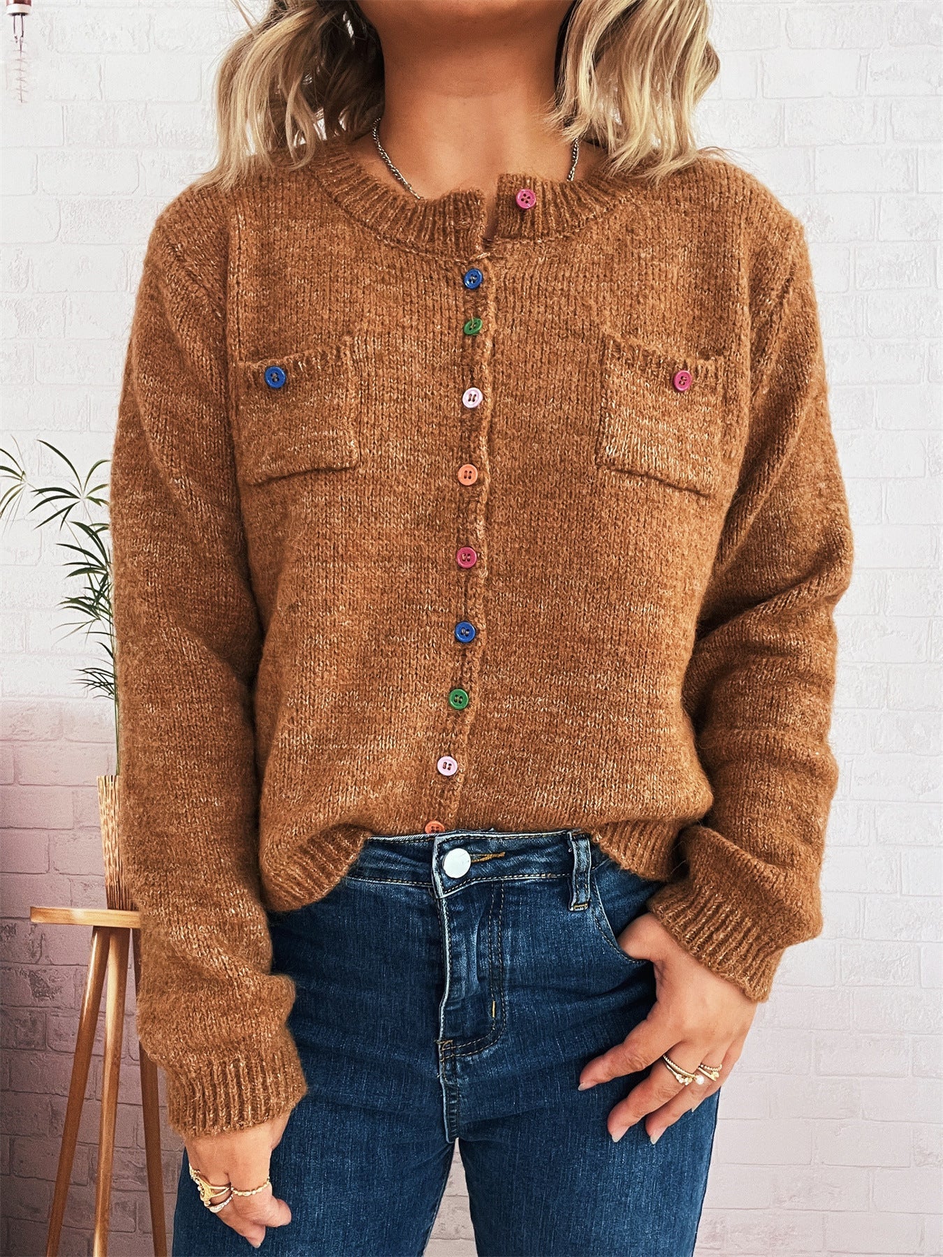 Damen Strickjacke Kuschelig Bunt Knöpfe 2 Taschen