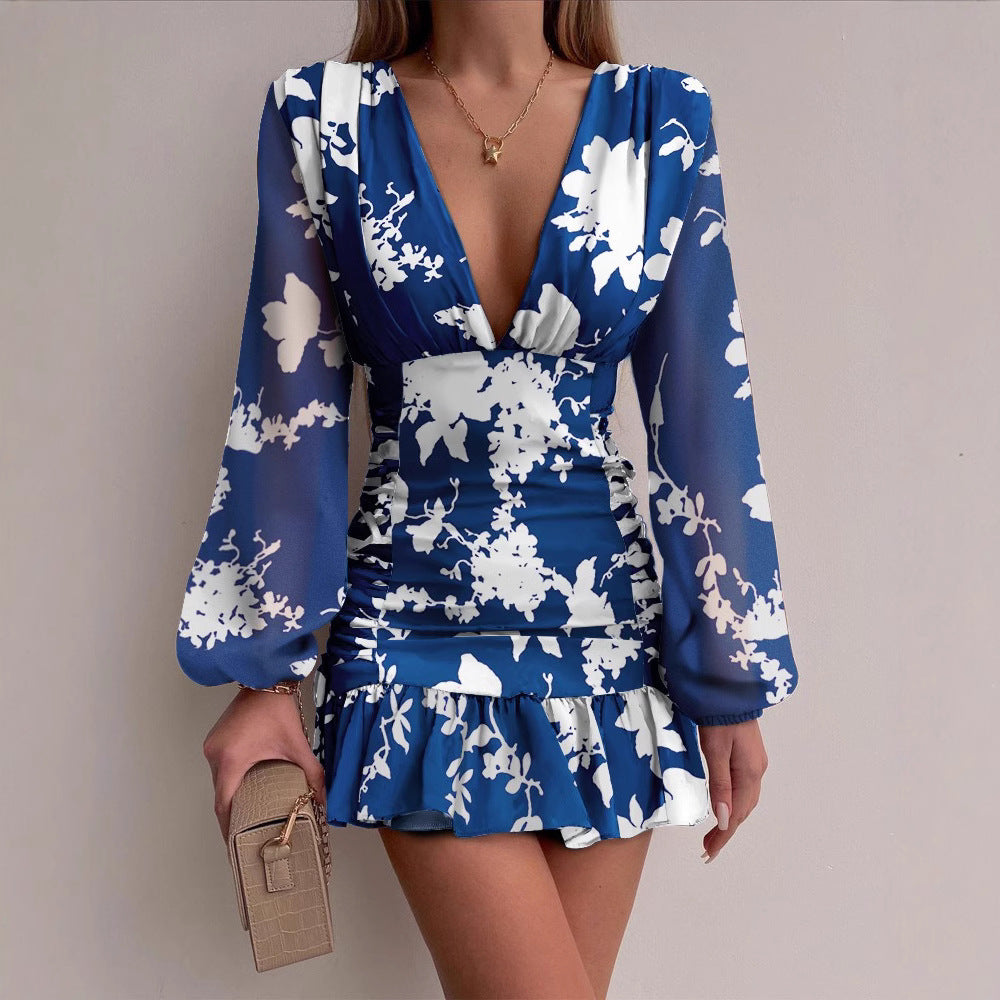 Damen Minikleid mit V-Ausschnitt und Puffärmeln schimmernd Eveloria