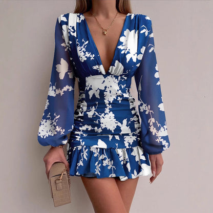 Damen Minikleid mit V-Ausschnitt und Puffärmeln schimmernd Eveloria