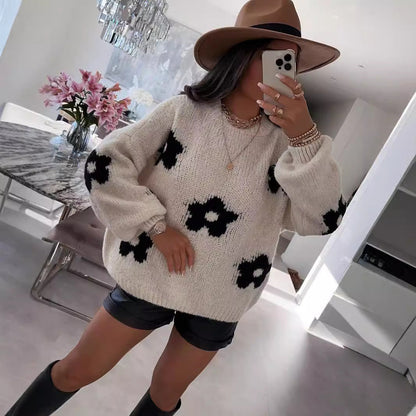 Damen Strickpullover Blumendesign Weich