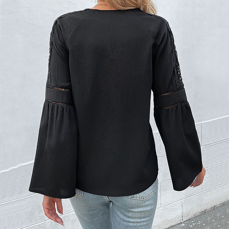 Damen Bluse V-Ausschnitt Weite Ärmel Eveloria
