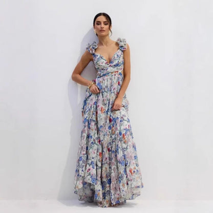 Damen Maxikleid Floralmuster Rüschen