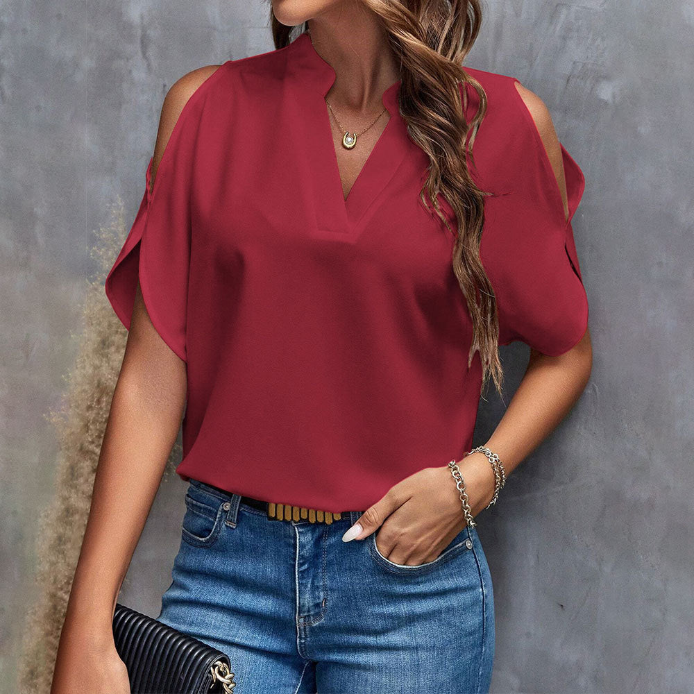 Damen Bluse Cut-Out Ärmel Stehkragen Elegant