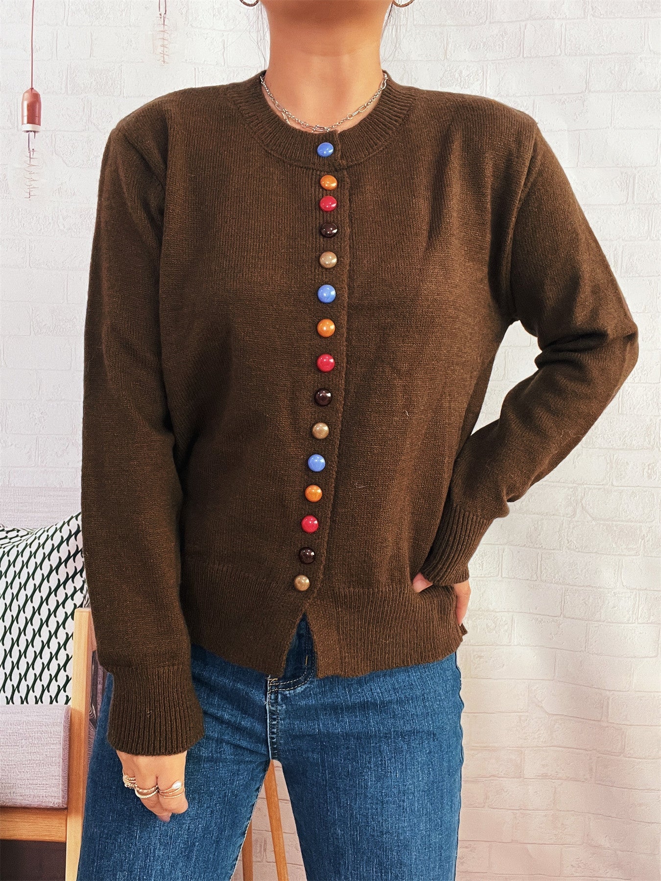 Damen Strickjacke Farbenfroh Knopfdetail
