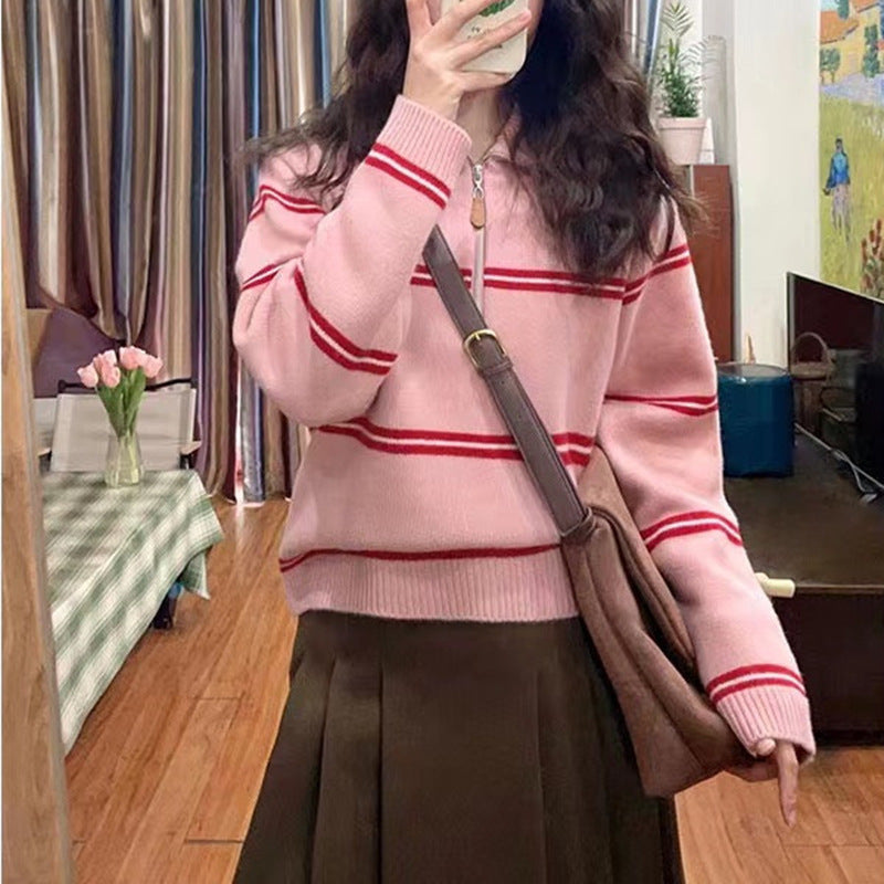 Damen Strickpullover Lässig Reißverschluss Streifenmeliert Grau