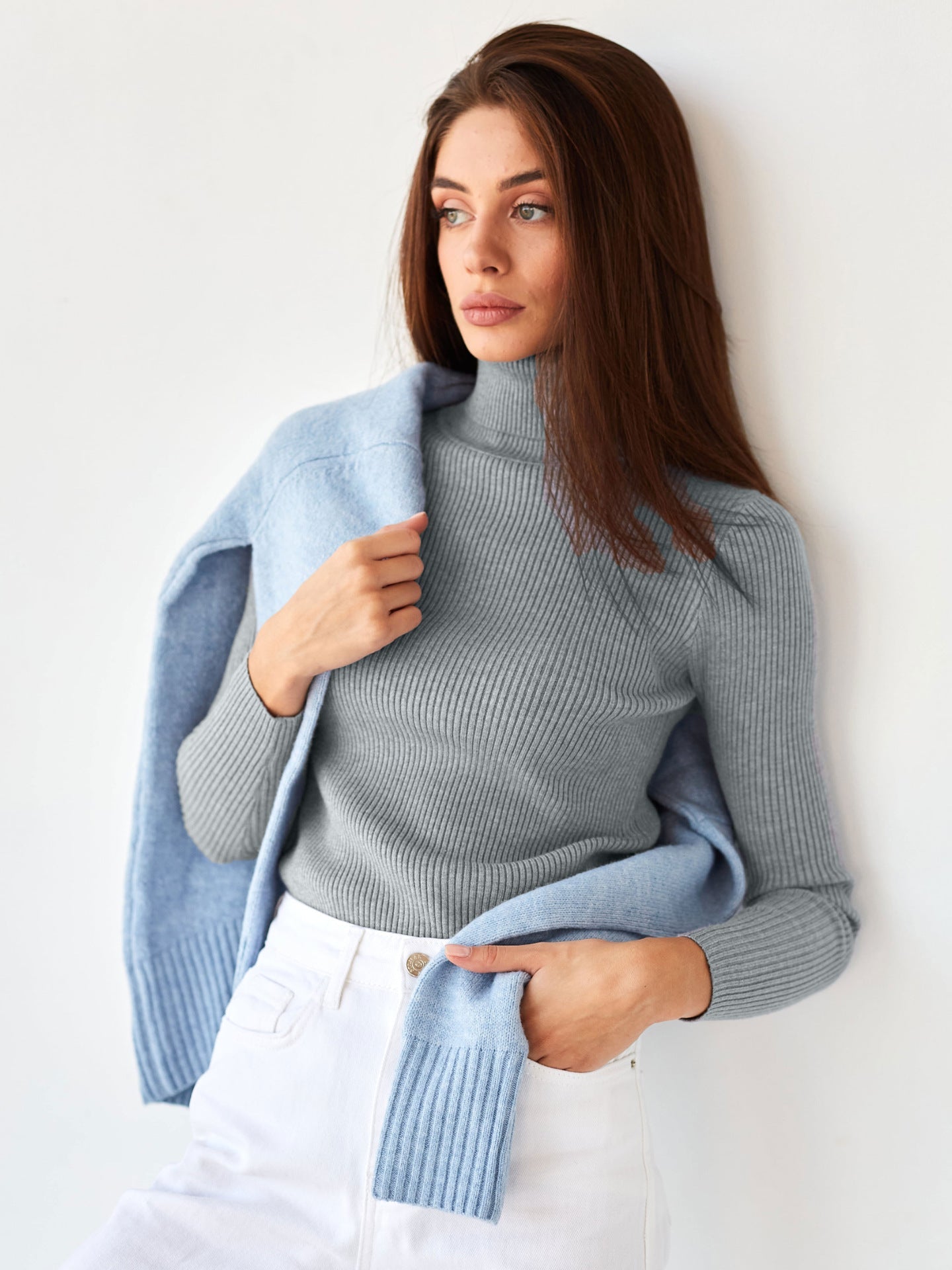 Damen Pullover Lang Hohler Kragen Feine Rippenstruktur Beige