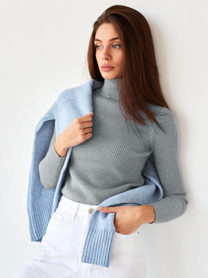Damen Pullover Lang Hohler Kragen Feine Rippenstruktur Beige