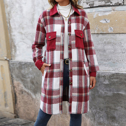 Damen Karierte Langarmjacke Baumwolle Moderner Schnitt weiß