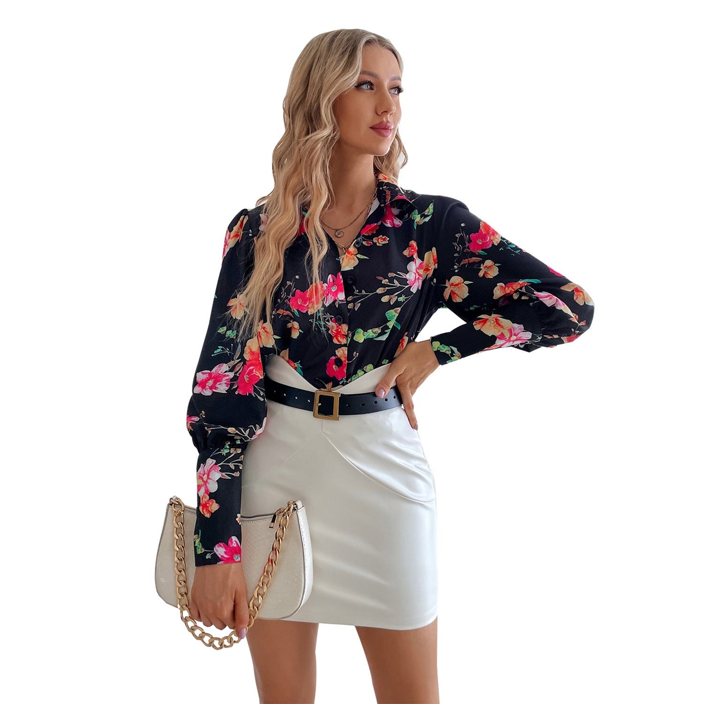 Damen Bluse Floral Puffärmel Eveloria