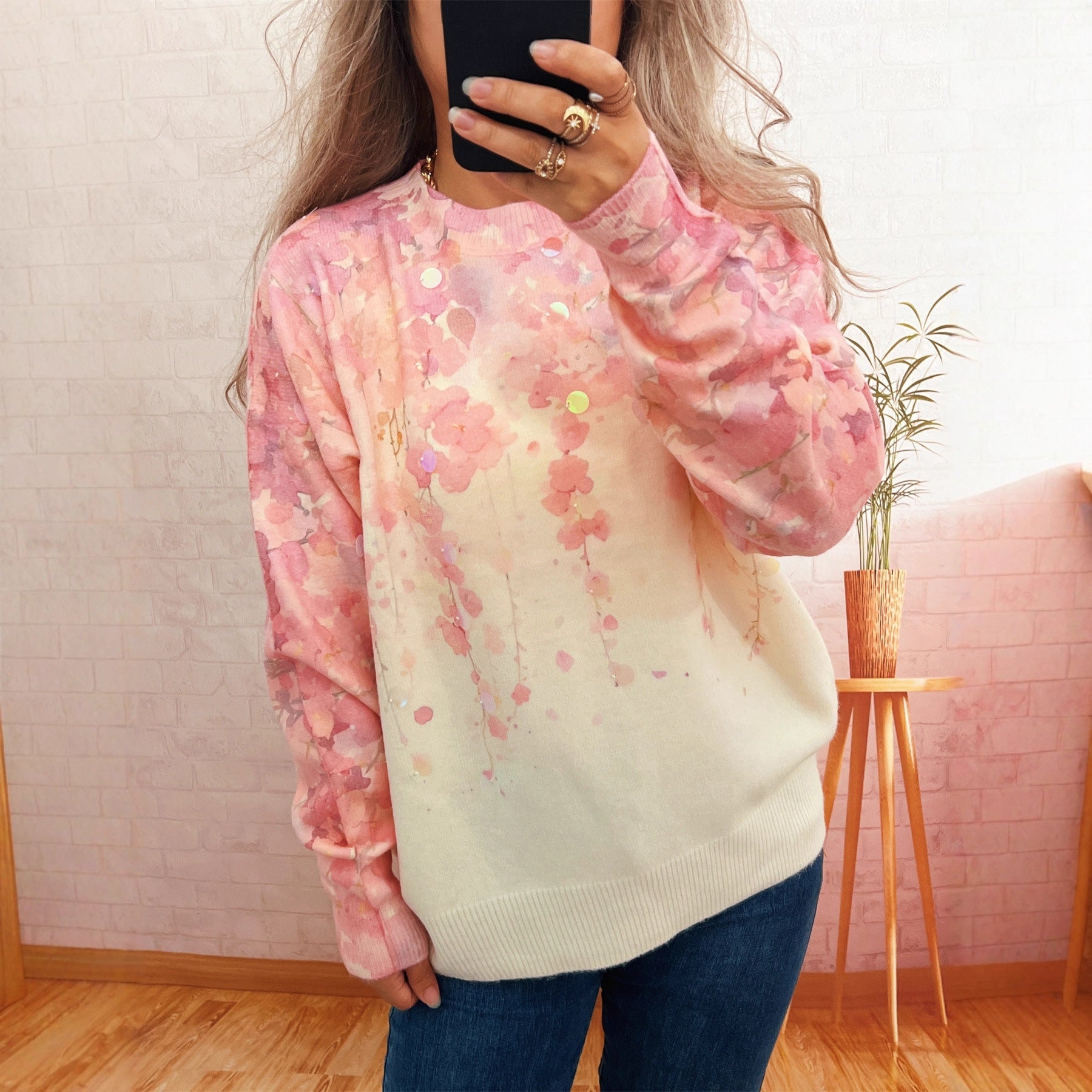Damen Oversized-Pullover Floralmuster Kuschelstoff Beige - Eveloria