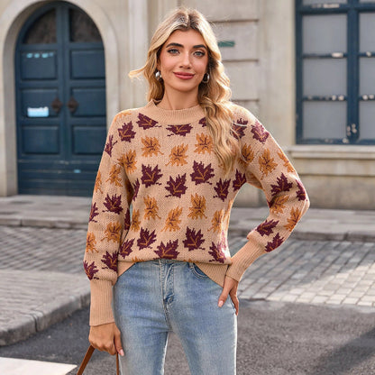 Damen Strickpullover Herbstblätterdesign Eveloria