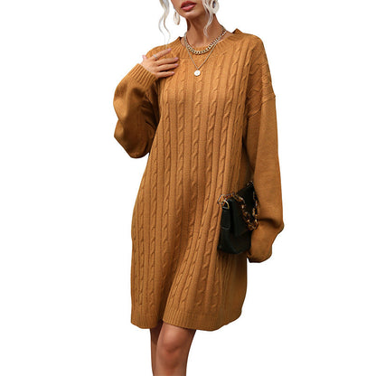 Damen Strickkleid Zopfmuster Taillengürtel