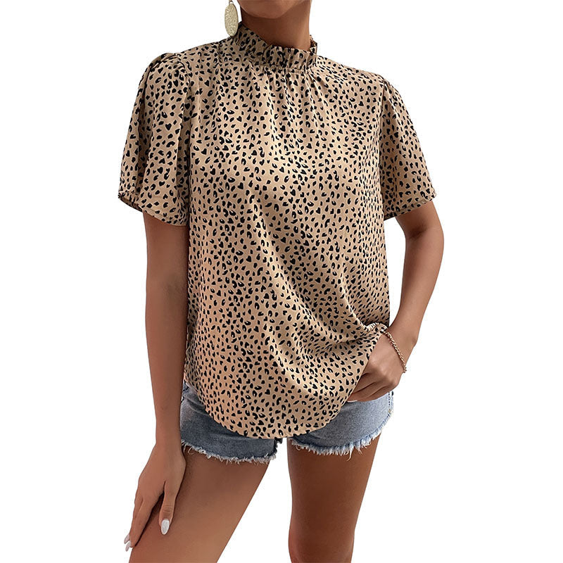 Damen Leopardenbluse Kurzarm Stehkragen Eveloria