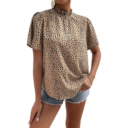 Damen Leopardenbluse Kurzarm Stehkragen Eveloria