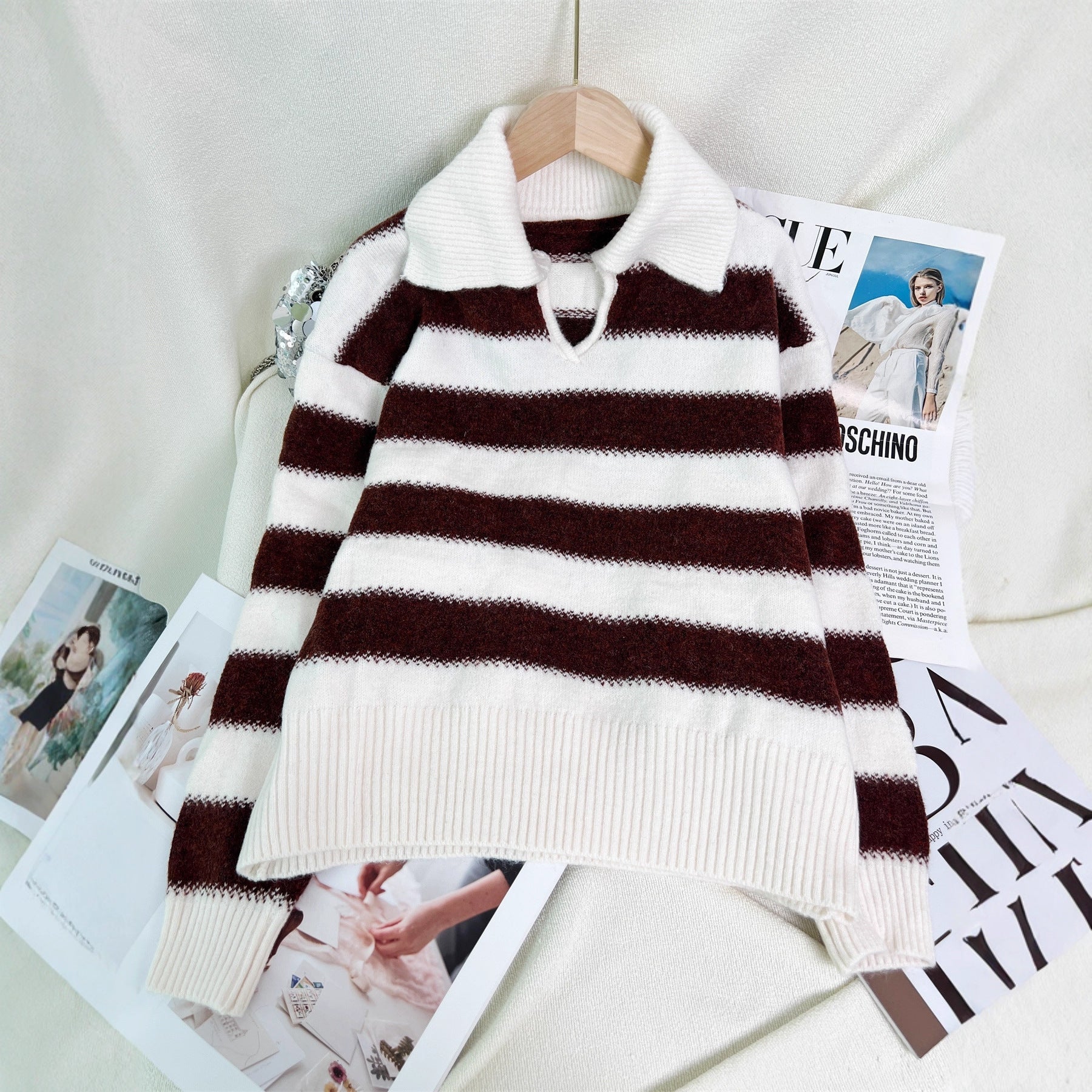 Damen Pullover Gestreift Elastischer Bund Moderner Polokragen - Eveloria