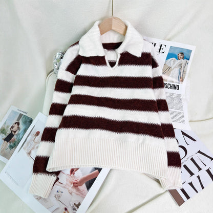 Damen Pullover Gestreift Elastischer Bund Moderner Polokragen - Eveloria