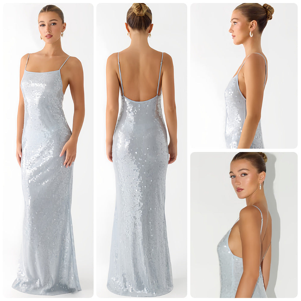 Damen Maxikleid Pailletten schmal Schnitt Spaghettiträger Schwarz - Eveloria