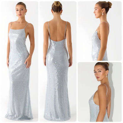 Damen Maxikleid Pailletten schmal Schnitt Spaghettiträger Schwarz - Eveloria