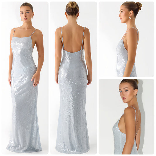 Damen Maxikleid Pailletten schmal Schnitt Spaghettiträger Schwarz - Eveloria