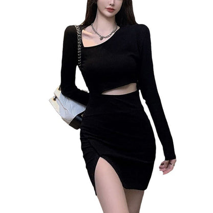 Damenkleid Asymmetrischer Ausschnitt Seitlicher Schlitz
