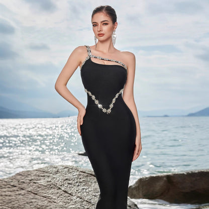 Damen Abendkleid Asymmetrischer Trägerschnitt Strass Eveloria
