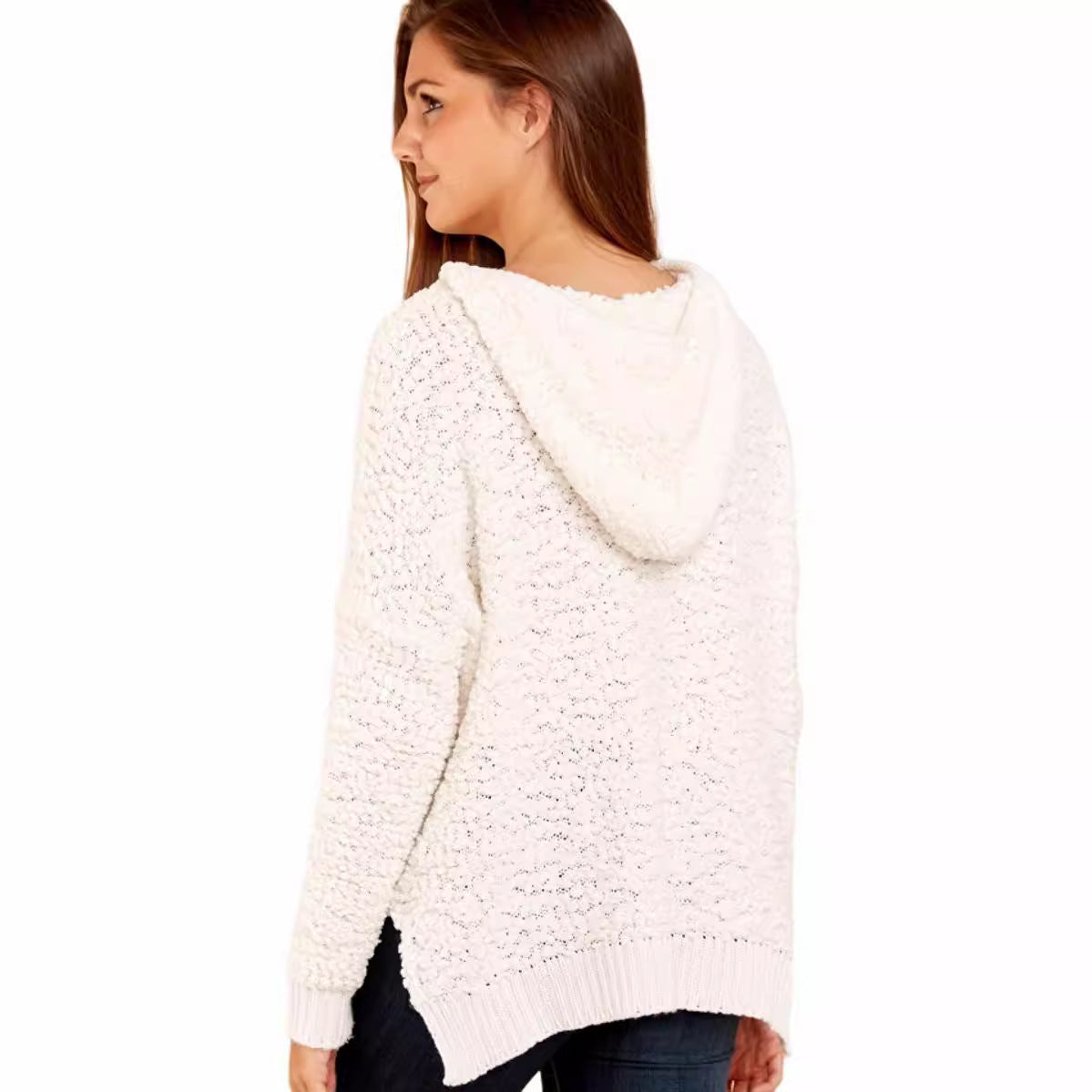 Damen Strickpullover Kapuze Luftig Grau Eveloria