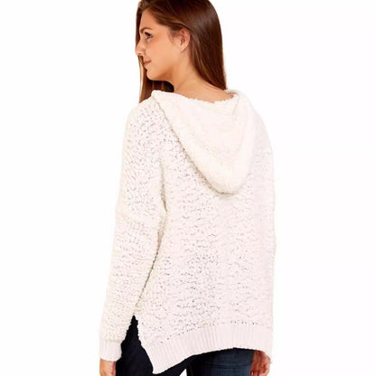 Damen Strickpullover Kapuze Luftig Grau Eveloria