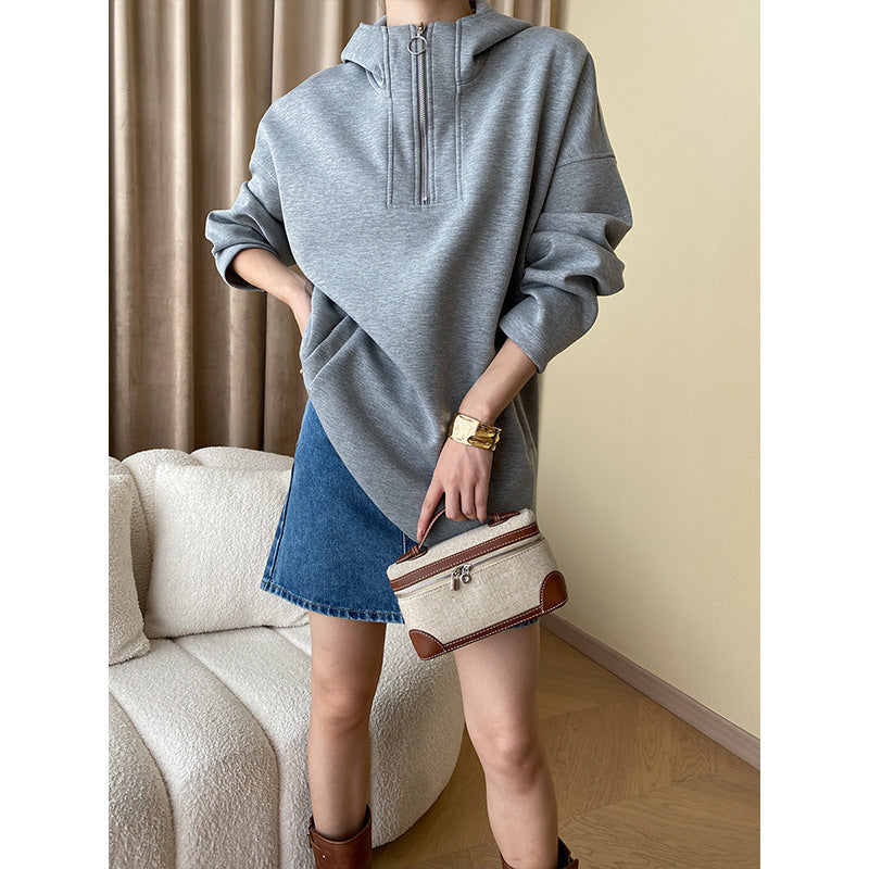 Damen Pulli Hochkragen Reißverschluss Olivgrau