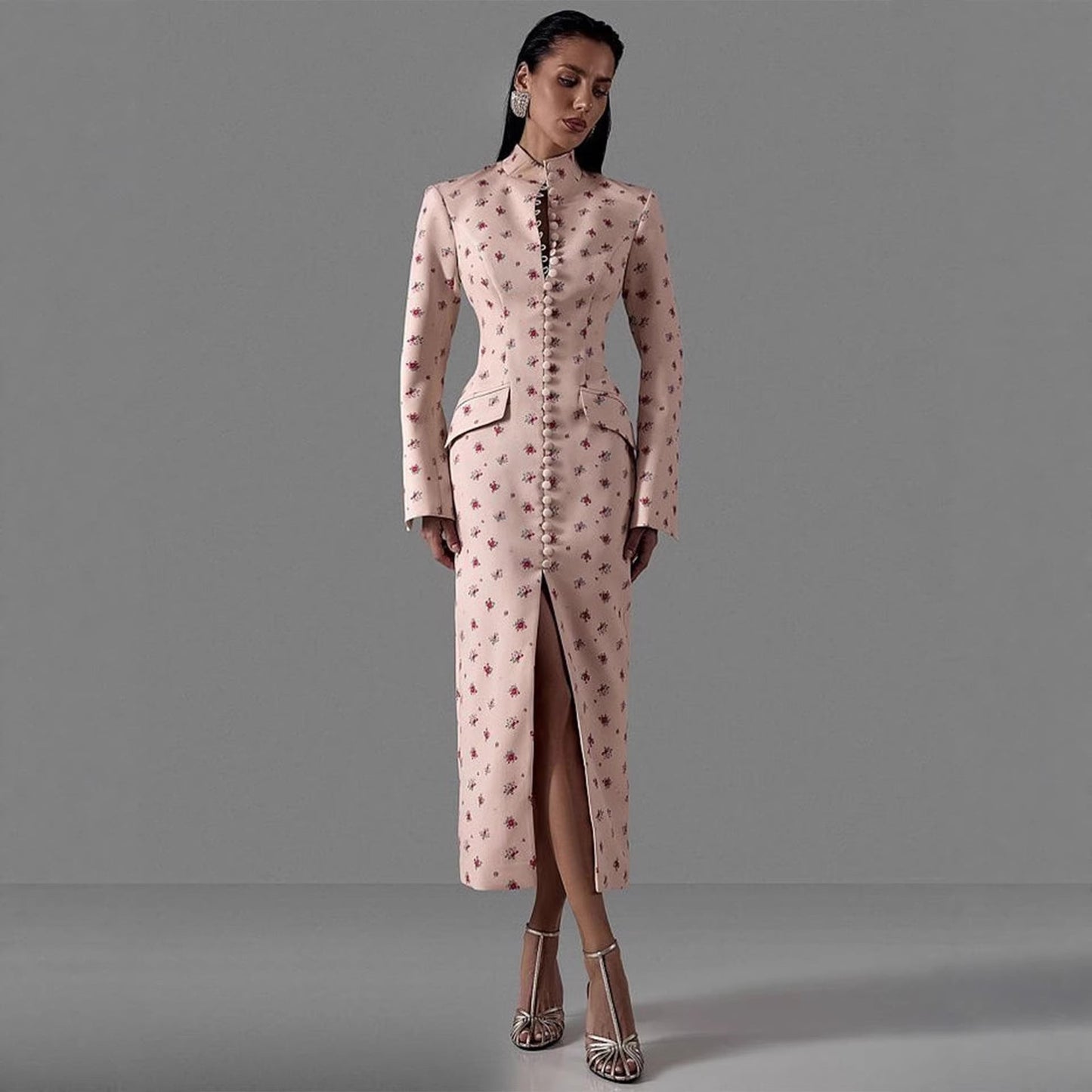 Damen Langarmkleid Florales Muster Hochgeschlossener Kragen