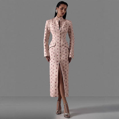 Damen Langarmkleid Florales Muster Hochgeschlossener Kragen