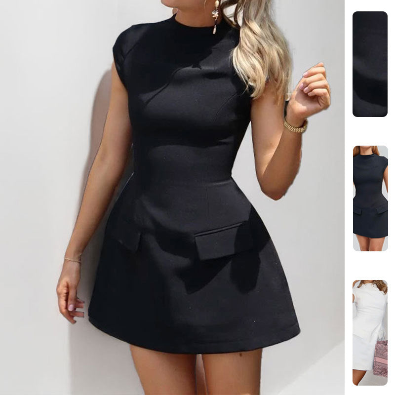 Damen Minikleid Figurbetont mit Taschen und hoher Taille Schwarz - Eveloria