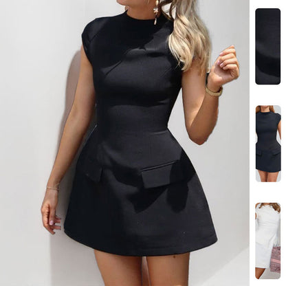 Damen Minikleid Figurbetont mit Taschen und hoher Taille Schwarz - Eveloria