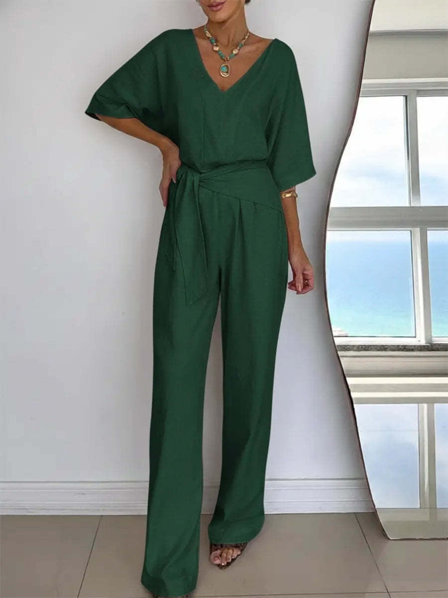 Damen Jumpsuit Tailliert Wickelgürtel Eveloria