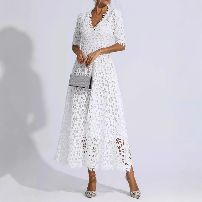 Damen Midi Kleid Floral Stickerei V-Ausschnitt