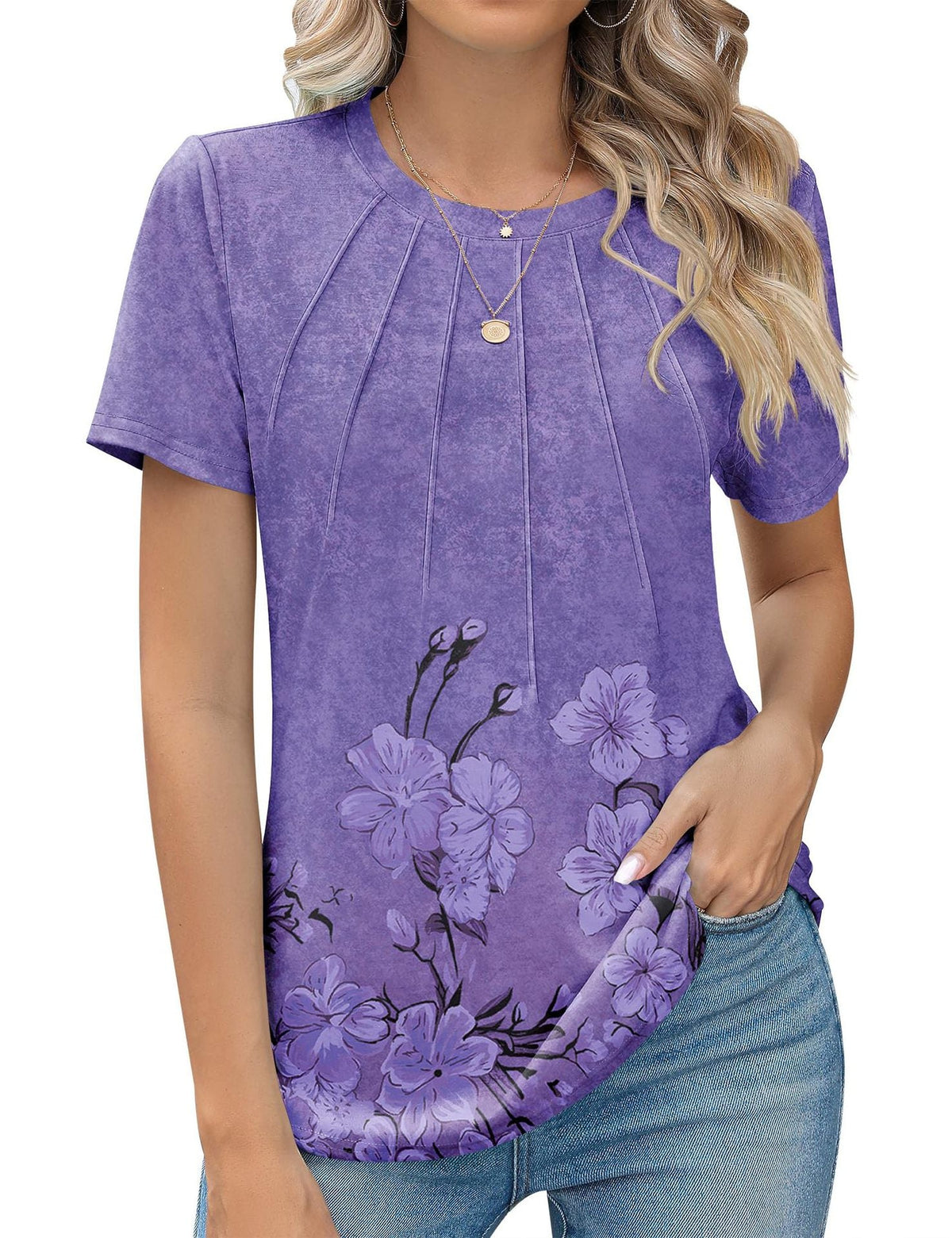 Eveloria Damen Rundhals T-Shirt Plissee Weiss