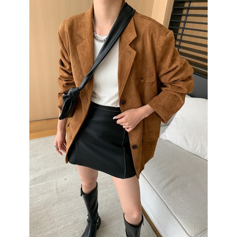 Damen Oversized Blazerjacke Wildleder Weich Schwarz Eveloria - Eveloria
