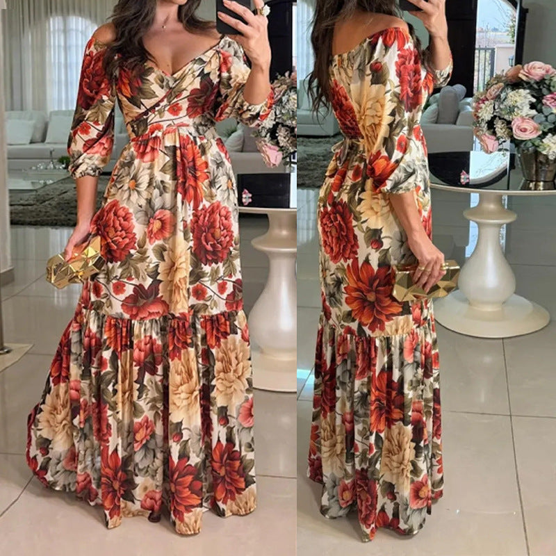 Damen Maxikleid V-Ausschnitt Rüschendetails Eveloria