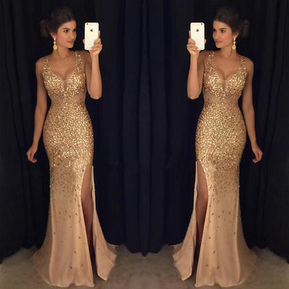 Damen Abendkleid Glitzer Pailletten Tiefes Eveloria
