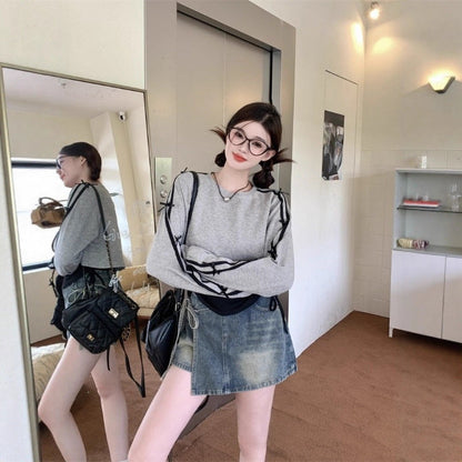 Damen Sweatshirt Cropped mit Schnürung Beige