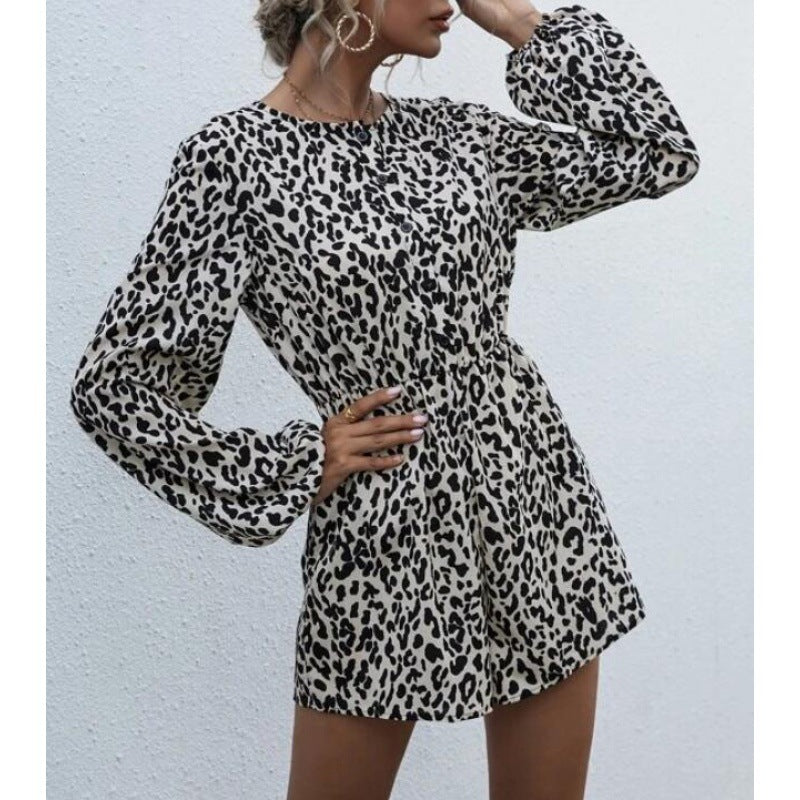 Damen Kurzarm-Kleid mit Puffärmeln Animal-Druck