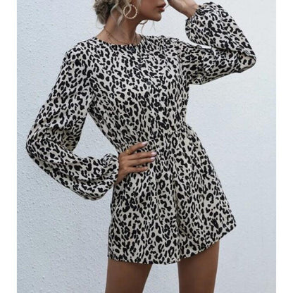 Damen Kurzarm-Kleid mit Puffärmeln Animal-Druck